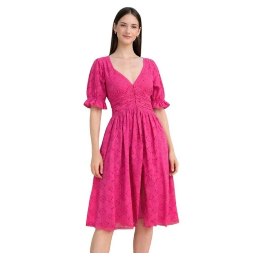 House Of Harlow V Neck Button Up Eyelet Midi Dress